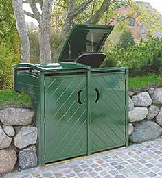 Mülltonnenboxen Holz für 120 Liter oder 240 Liter Mülltonnen - Hartholz grün lackiert - Gasdruckfedern - 25 Jahre Garantie.